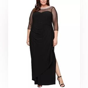 Alex Evenings Plus Size Illusion-Trim Ruffled Gown Black Women’s Sz 16